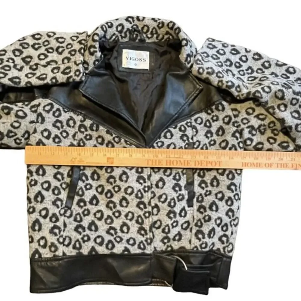 VIGOSS Black Leopard Print Moto Jacket Faux Leather‎ Combo Women's XS